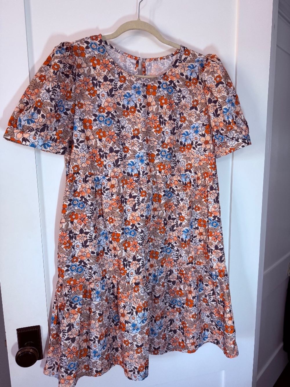 Floral Puff Sleeve Babydoll Dress Orange Blue Taupe Size Large Teacher Dress